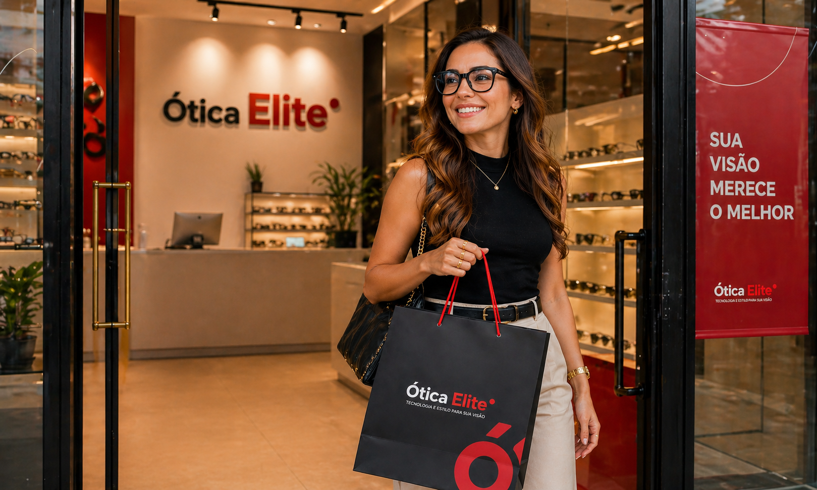 Mulher feliz com óculos Ótica Elite